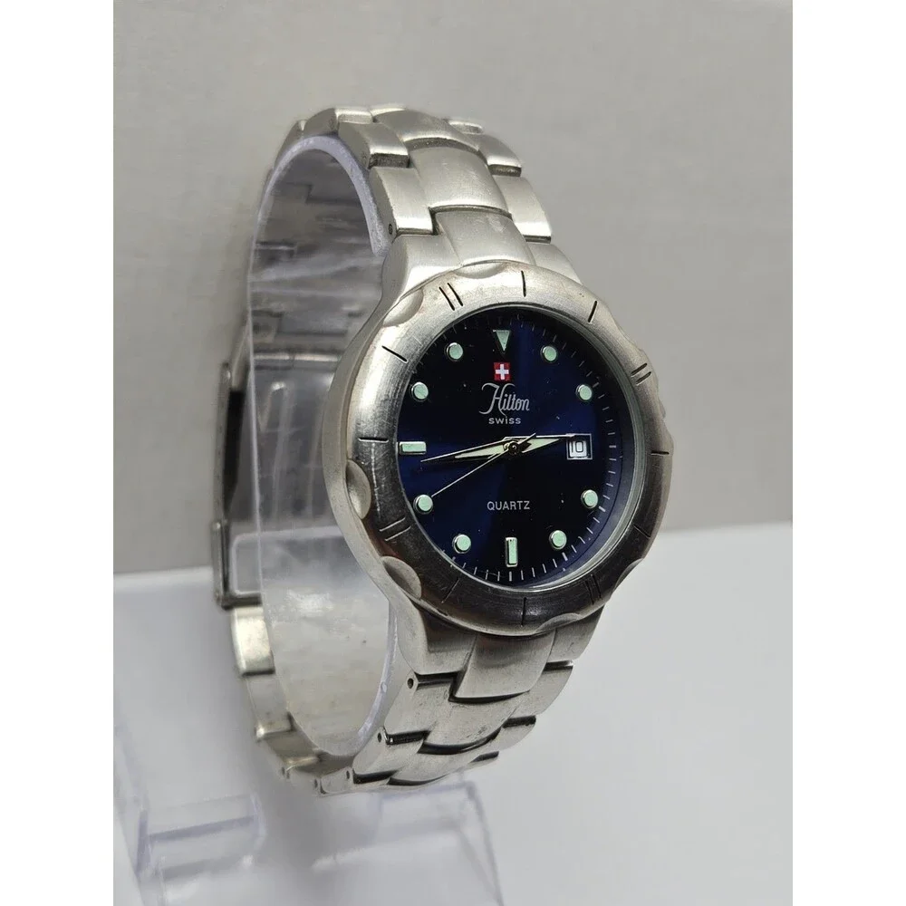 Hilton Swiss Mens Blue Dial Quartz Silver Bracelet Date Sports Watch New Battery